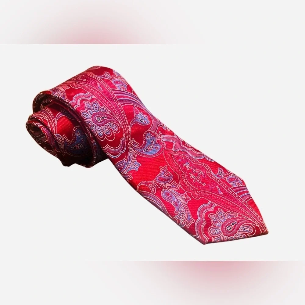 DONALD J TRUMP- Vibrant Paisley Silk Tie -  RED Pink and Blue